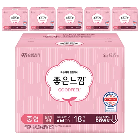[ㅋㅍ]좋은느낌 울트라 슬림 생리대 날개형, 중형, 18개입, 6개( 13,760원, 37% 할인)