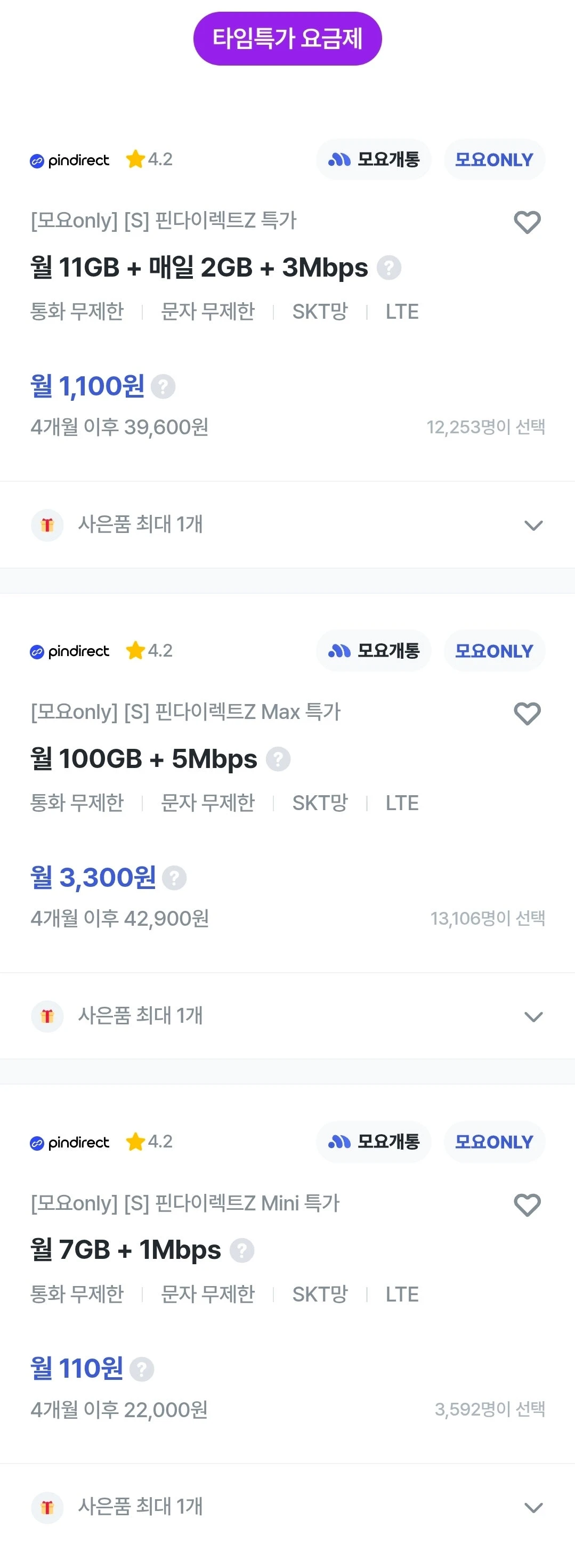 알뜰폰 데이터 요금제 특가 정보: SKT 요금제, 4개월 사용, 110원부터