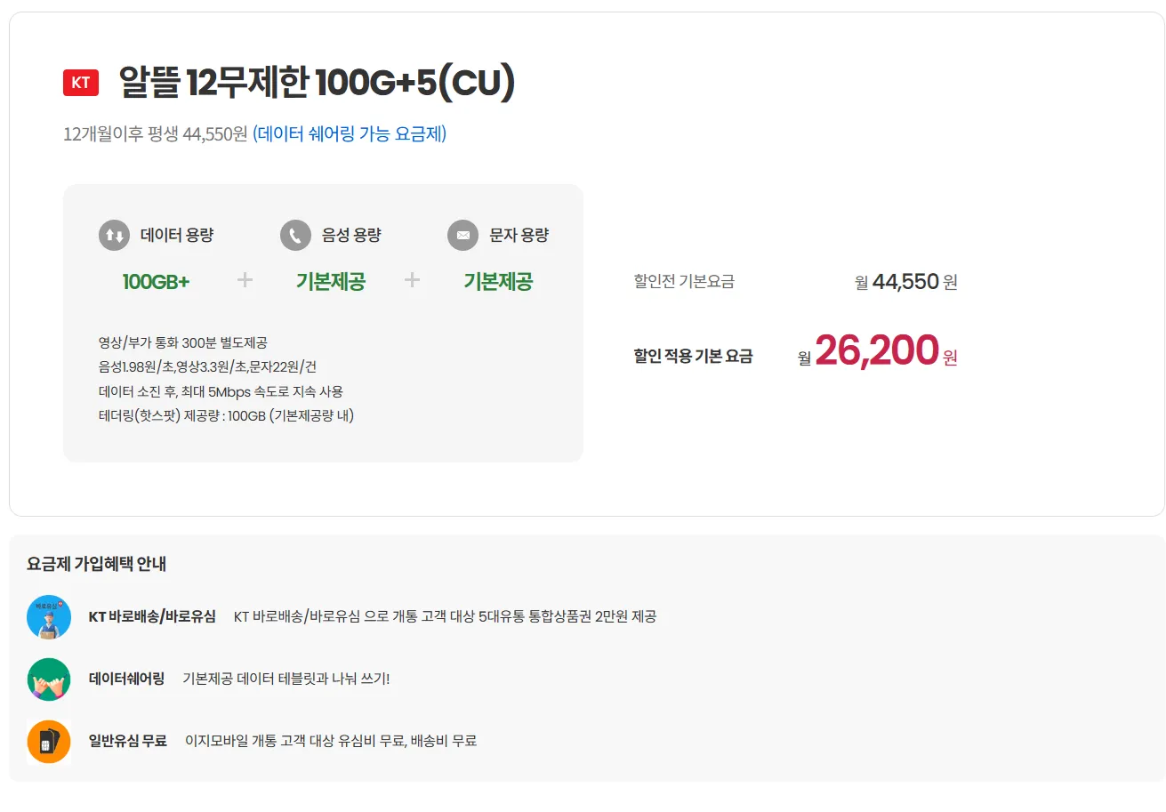 알뜰폰 100GB+5Mbps 요금제 - 12개월 26,200원
