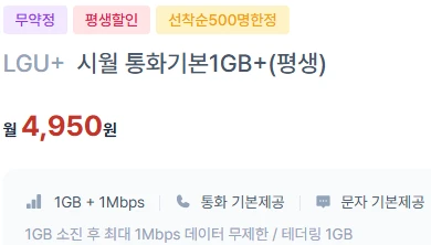 평생할인 요금제: 1GB 데이터, 1분 통화 & 1건 문자 기본 제공 (비용: 4,950원)