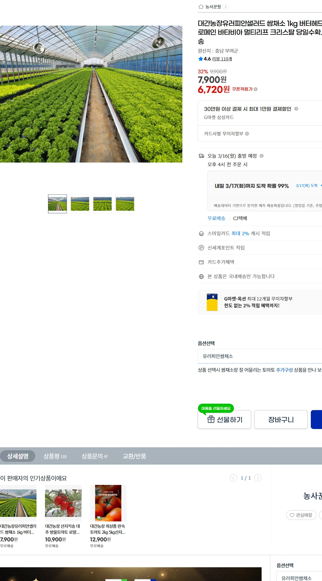 [지마켓]G마켓  대간농장유러피안샐러드 쌈채소 1kg(6,720원)