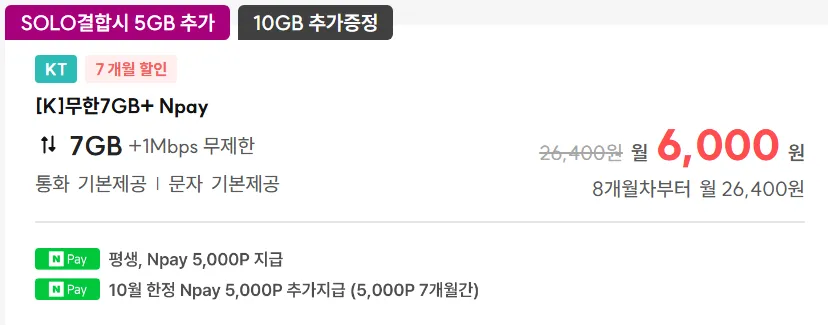 알뜰폰 요금제 혜택: 7개월간 월 6,000원으로 22G 데이터와 통화/문자 무제한 제공