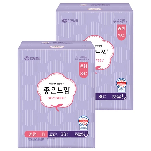 [ㅋㅍ]좋은느낌 오리지널 뉴슬림 생리대 날개형, 중형, 36개입, 2개( 11,960원, 13% 할인)