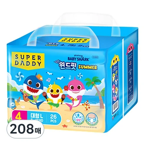 [ㅋㅍ]슈퍼대디 아기상어 윈드핏 썸머 기저귀 4단계, 대형(L), 208매, 대형(L) × 208매( 63,810원, 14% 할인)